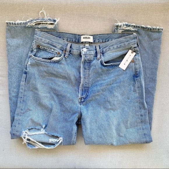NWT AGOLDE 90s Crop Jeans Echo Blue High Rise Denim Light Wash Destroyed 27 - Picture 7 of 10